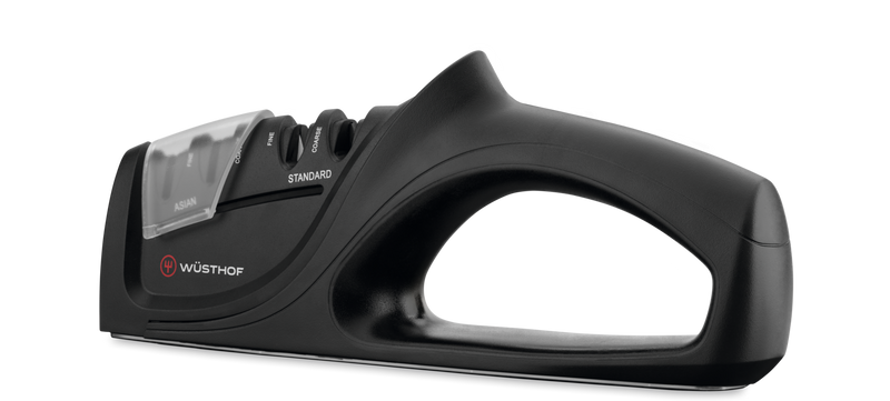 Universal Hand-Held Knife Sharpener with ergonomic black handle and dual slots labeled Asian and Standard, compatible with WÜSTHOF kitchen knives.