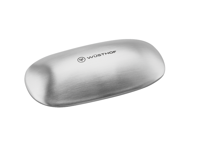 WÜSTHOF Stainless Steel Soap with smooth brushed surface designed to eliminate strong kitchen odors after handling garlic, onions, or fish.