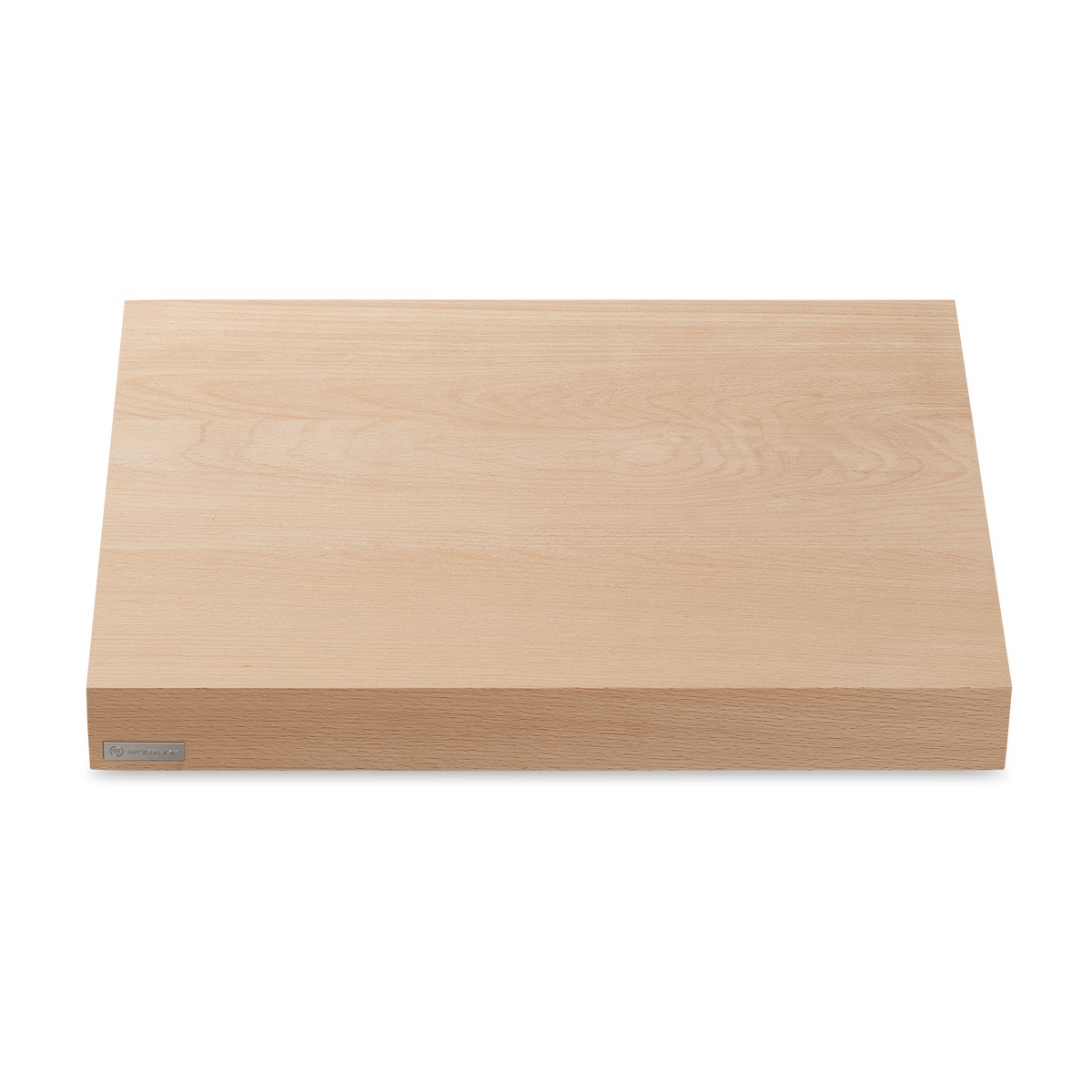 Beech Cutting Board made from smooth light wood with a sturdy rectangular shape and subtle grain patterns, featuring a small metal logo plate.