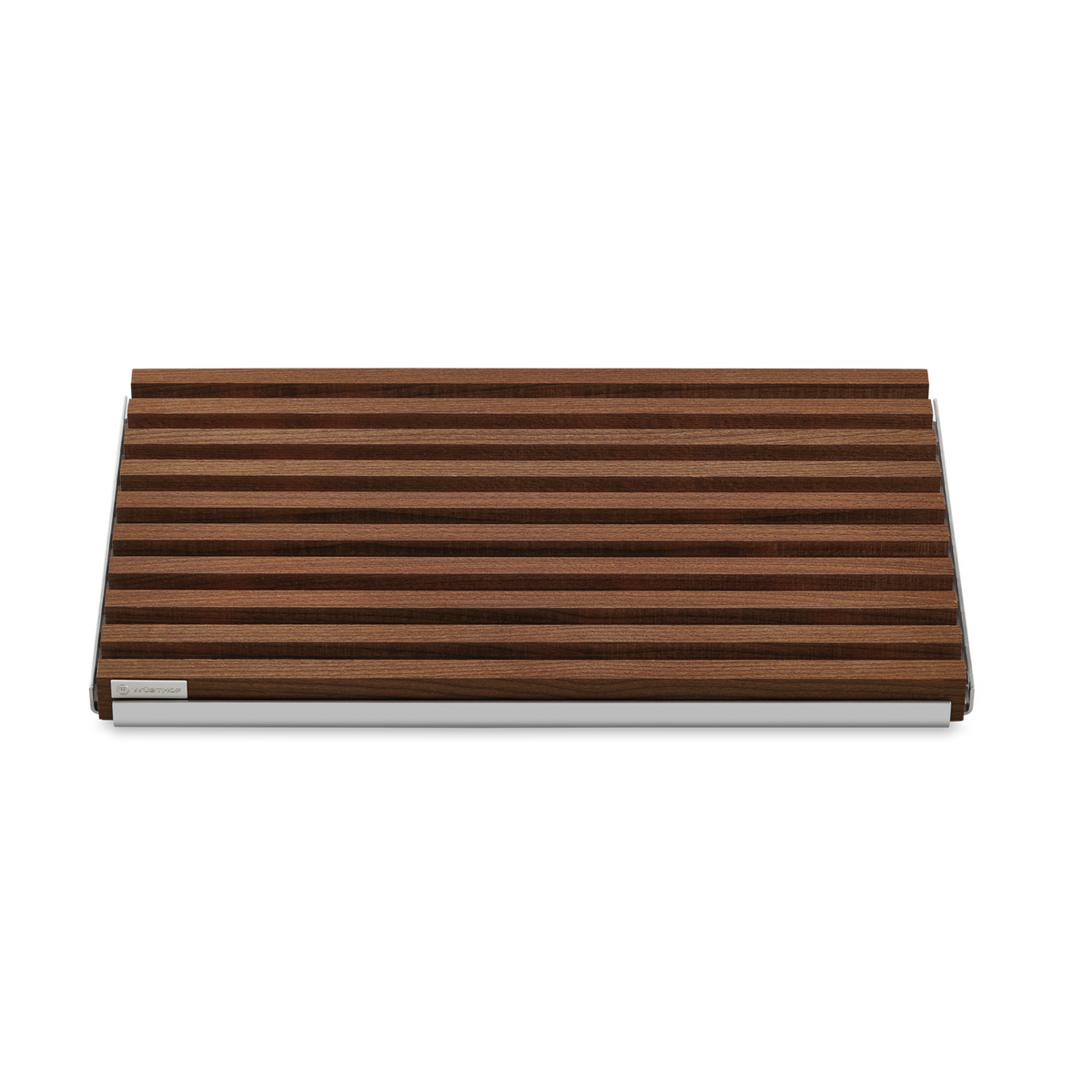 Bread Cutting Board featuring alternating dark and medium wood stripes with a sleek metal edge for durable and stylish kitchen use.