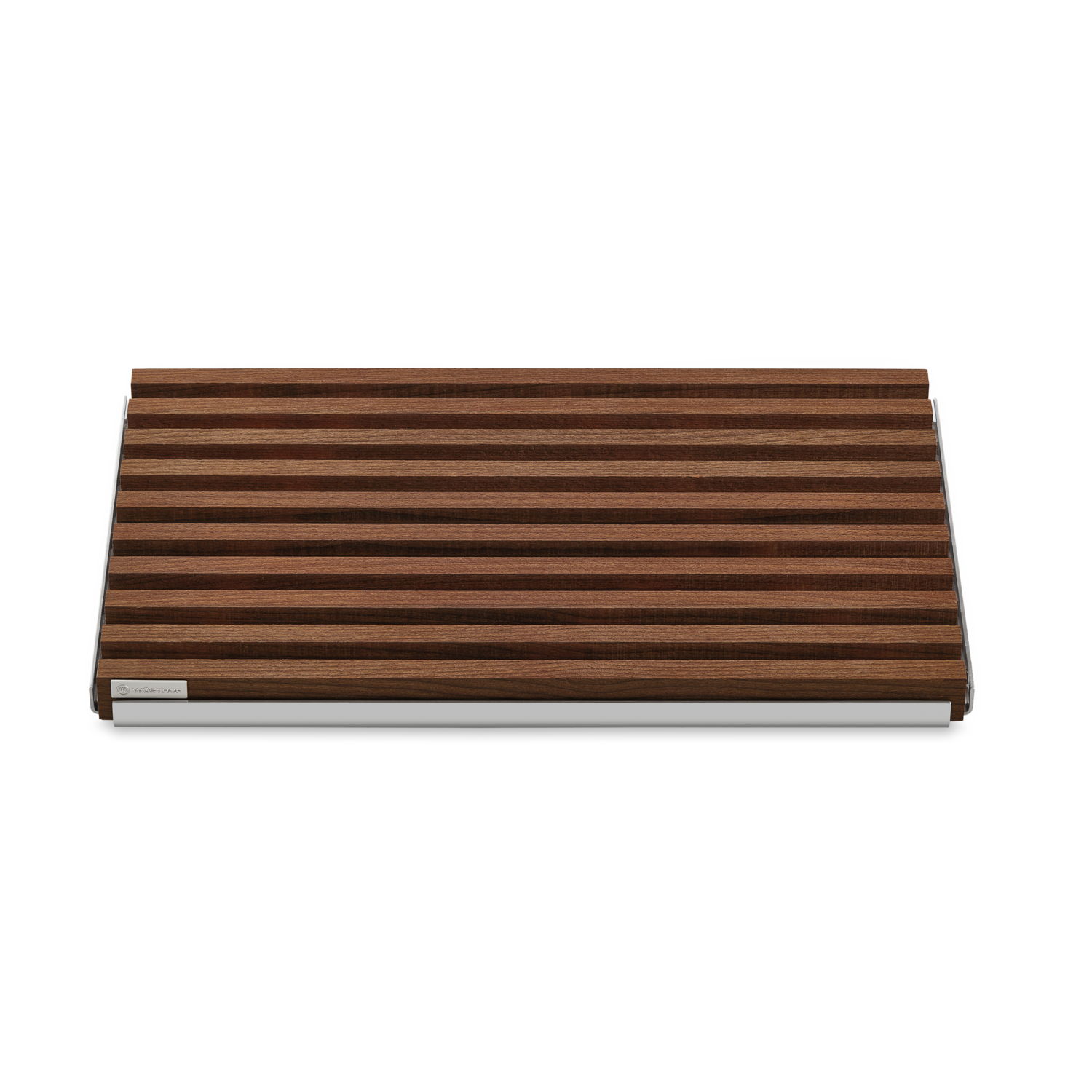 Bread Cutting Board featuring alternating dark and medium wood stripes with a sleek metal edge for durable and stylish kitchen use.