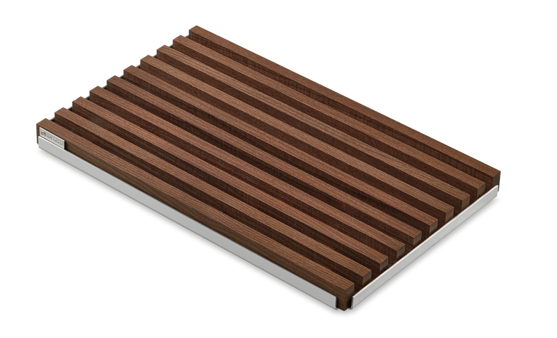 Bread Cutting Board with alternating dark wood stripes and a stainless steel edge, designed for durable and stylish kitchen use.