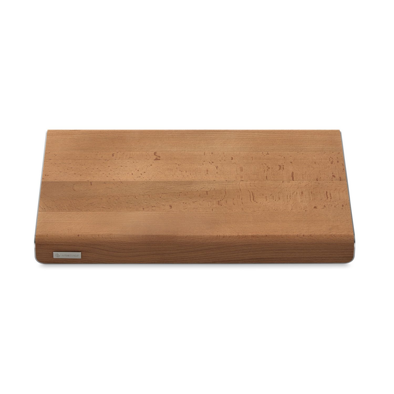 Heat-Treated Beech and Stainless Steel Cutting Board with a smooth, natural wood surface and sturdy stainless steel edges for durable kitchen prep.