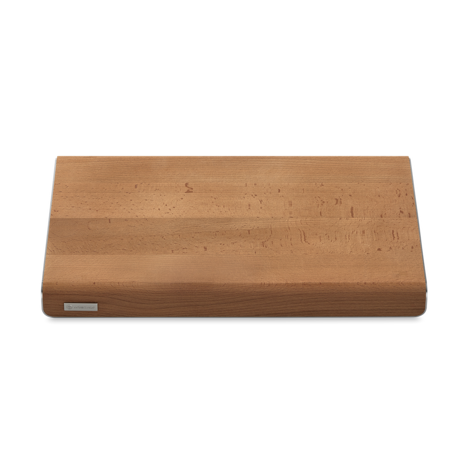 Heat-Treated Beech and Stainless Steel Cutting Board with a smooth, natural wood surface and sturdy stainless steel edges for durable kitchen prep.