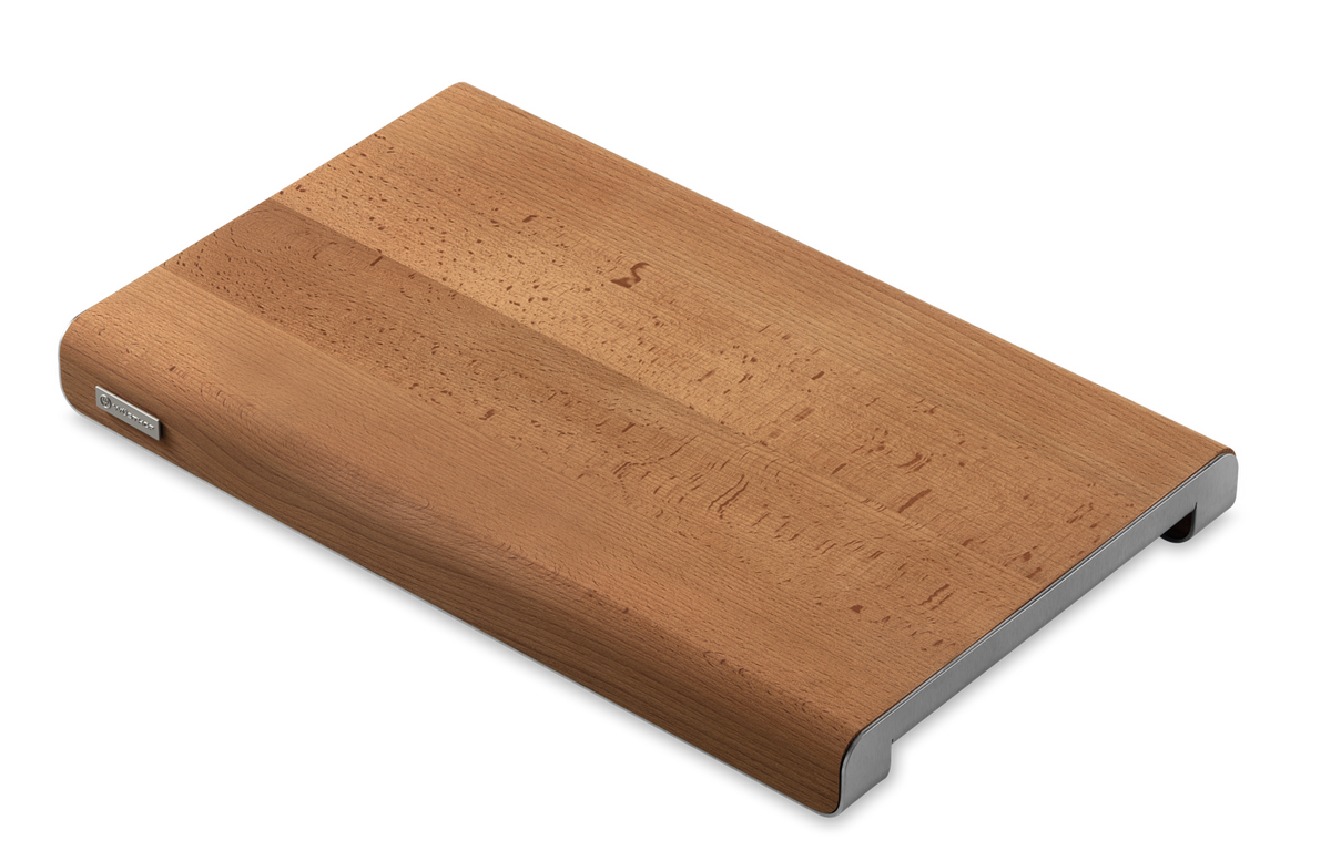 Heat-Treated Beech and Stainless Steel Cutting Board with a smooth wood surface and stainless steel edges for durable kitchen prep.