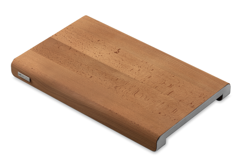 Heat-Treated Beech and Stainless Steel Cutting Board with a smooth wood surface and stainless steel edges for durable kitchen prep.