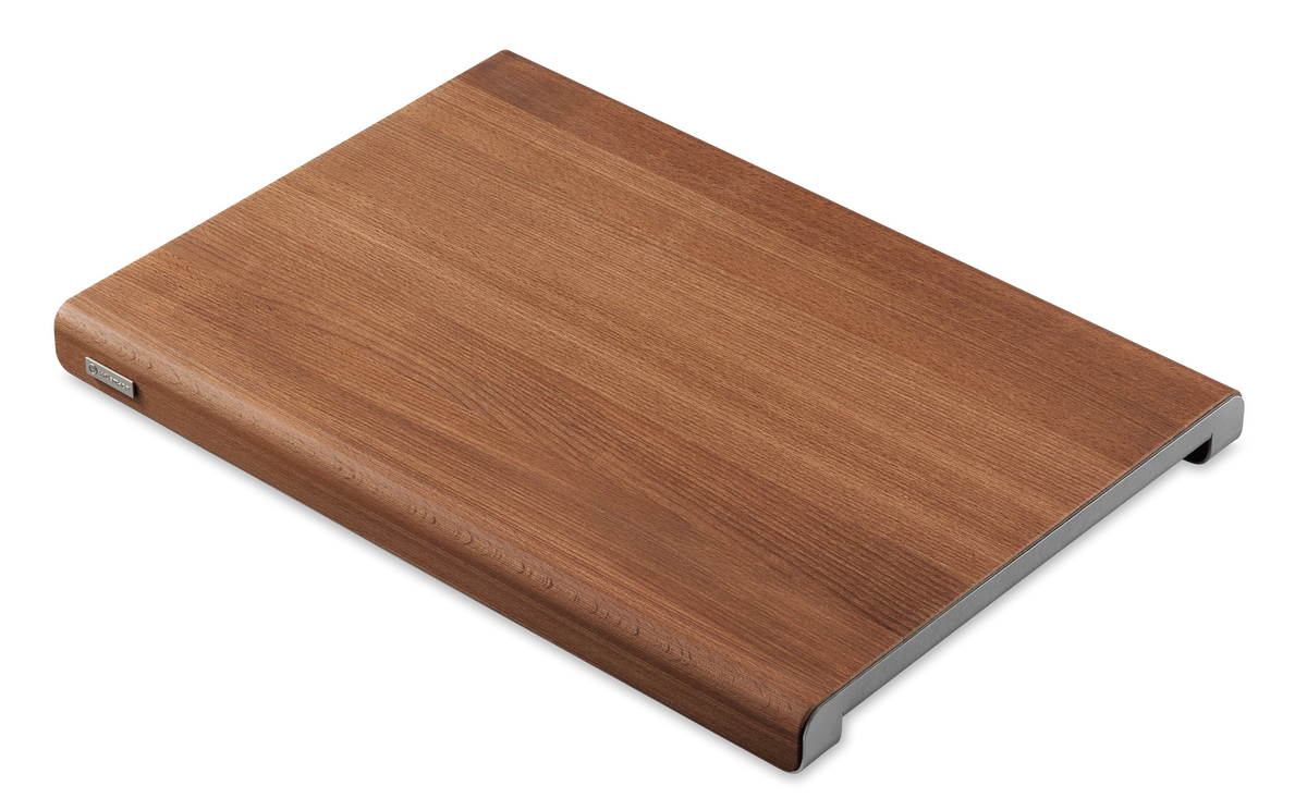 Heat-Treated Beech and Stainless Steel Cutting Board with a smooth wooden surface and durable stainless steel trim designed for reliable kitchen prep.