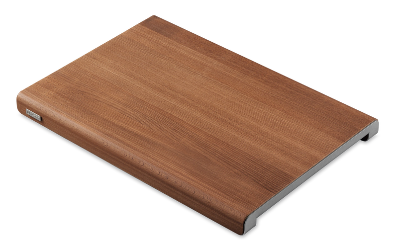 Heat-Treated Beech and Stainless Steel Cutting Board with a smooth wooden surface and durable stainless steel trim designed for reliable kitchen prep.