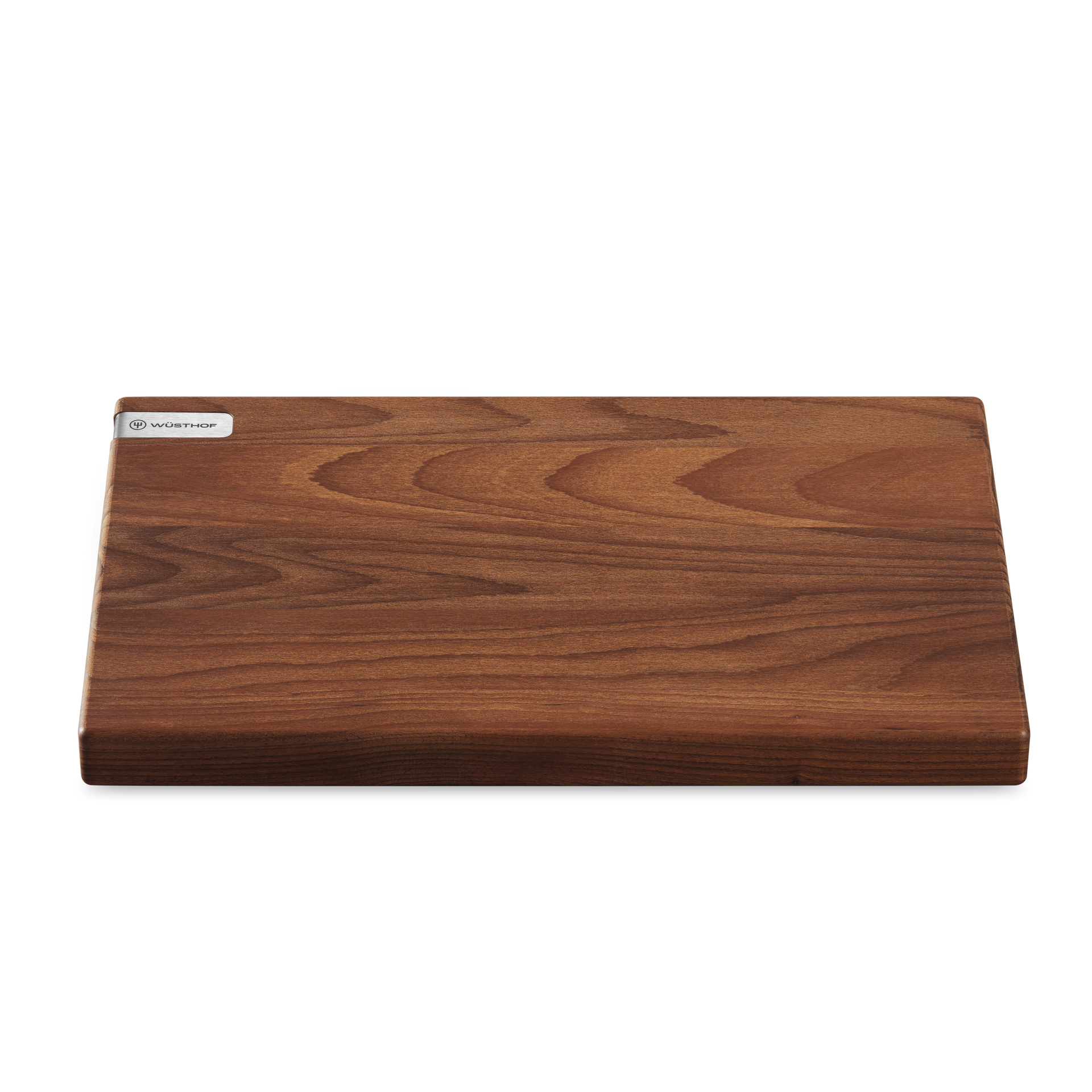 Heat-Treated Beech Cutting Board with a rich wood grain surface and a sleek WÜSTHOF metal logo plate for stylish and durable kitchen use.