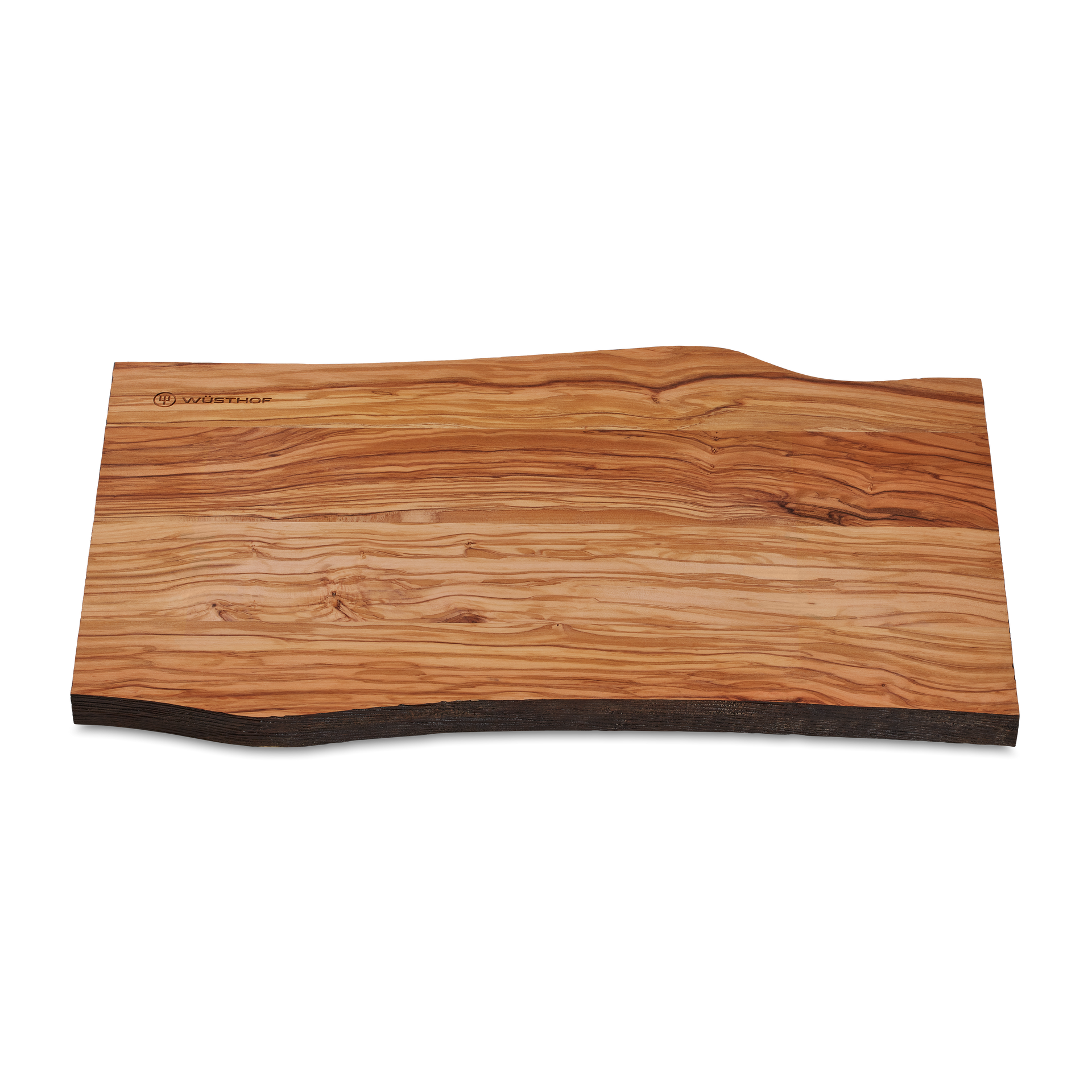 Dune Cutting Board made from olive wood showcasing a natural uneven edge and distinctive grain pattern with a subtle WÜSTHOF logo engraving.