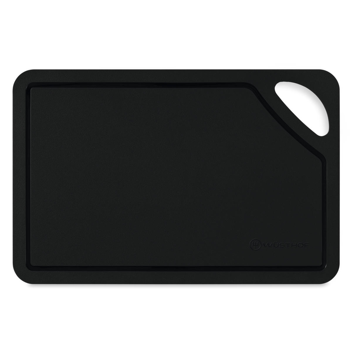 Black TPU Cutting Board with a textured surface, juice groove along the edge, and a convenient handle for easy grip and storage.
