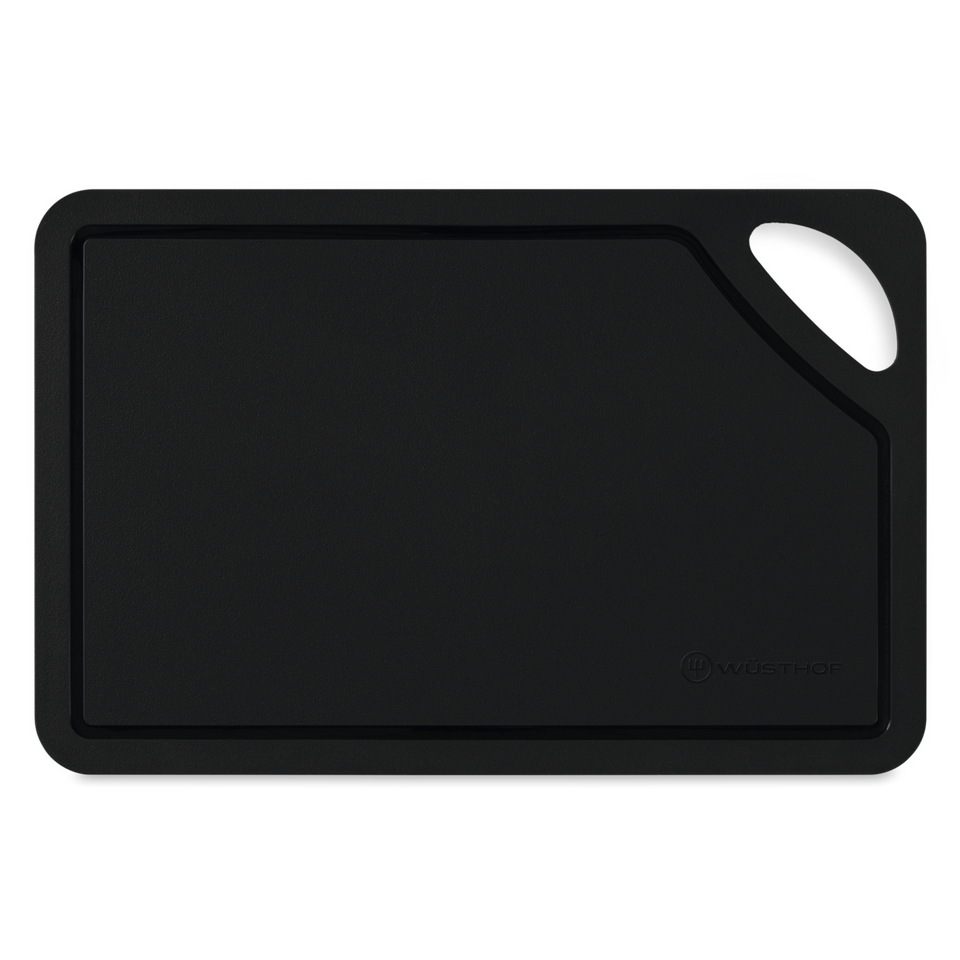 Black TPU Cutting Board with a textured surface, juice groove along the edge, and a convenient handle for easy grip and storage.