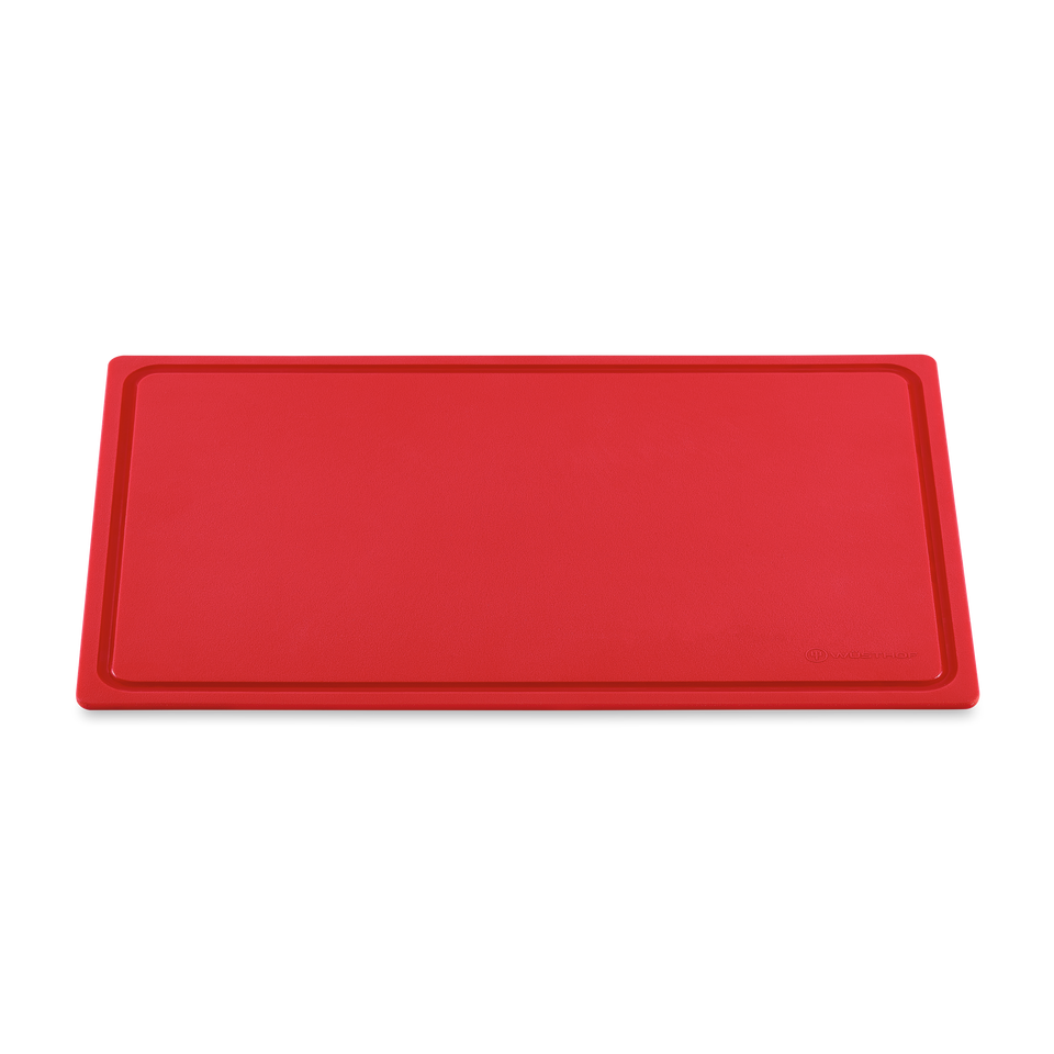 Red TPU Cutting Board with a smooth surface, featuring a raised edge to catch liquids and a subtle embossed logo for durability.