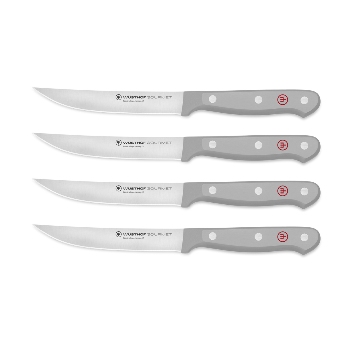 Gourmet 4-Piece Steak Knife Set featuring sharp forged German steel blades with triple-riveted gray ergonomic handles and red logo for balanced control.