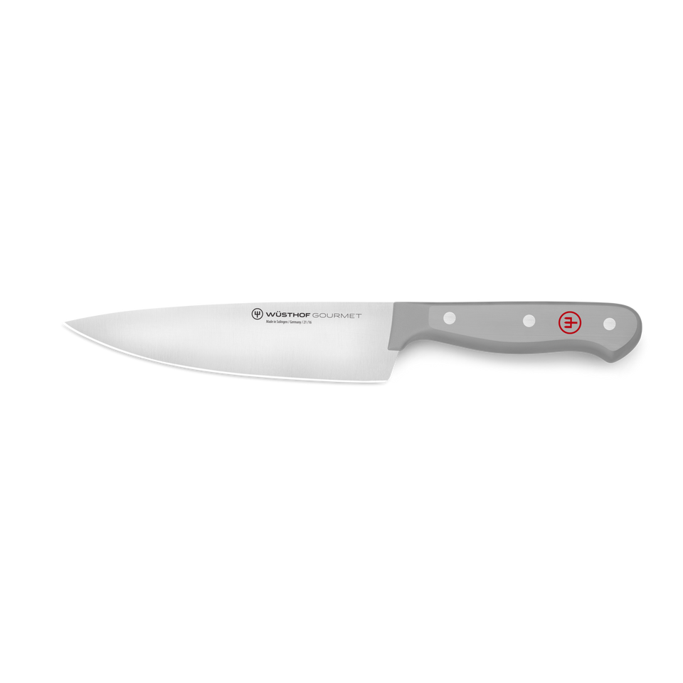 Gourmet 6" Chef's Knife with a polished forged stainless steel blade and a white synthetic handle featuring three rivets and a red emblem for precise cutting.