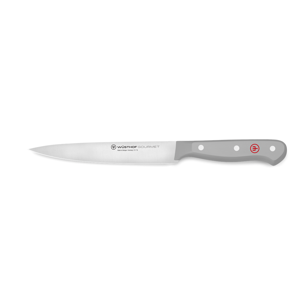 Gourmet 6" Utility Knife featuring a slim, precision-forged stainless steel blade and a light gray synthetic handle with three rivets and a red emblem.
