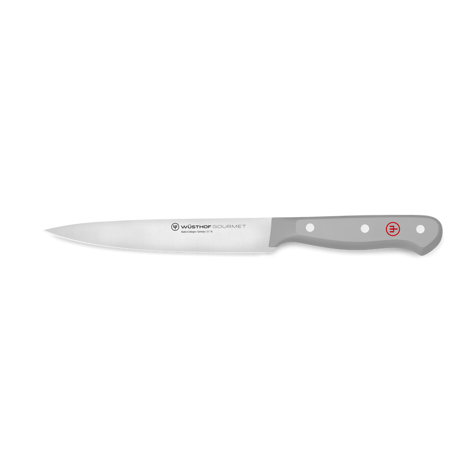 Gourmet 6" Utility Knife featuring a slim, precision-forged stainless steel blade and a light gray synthetic handle with three rivets and a red emblem.