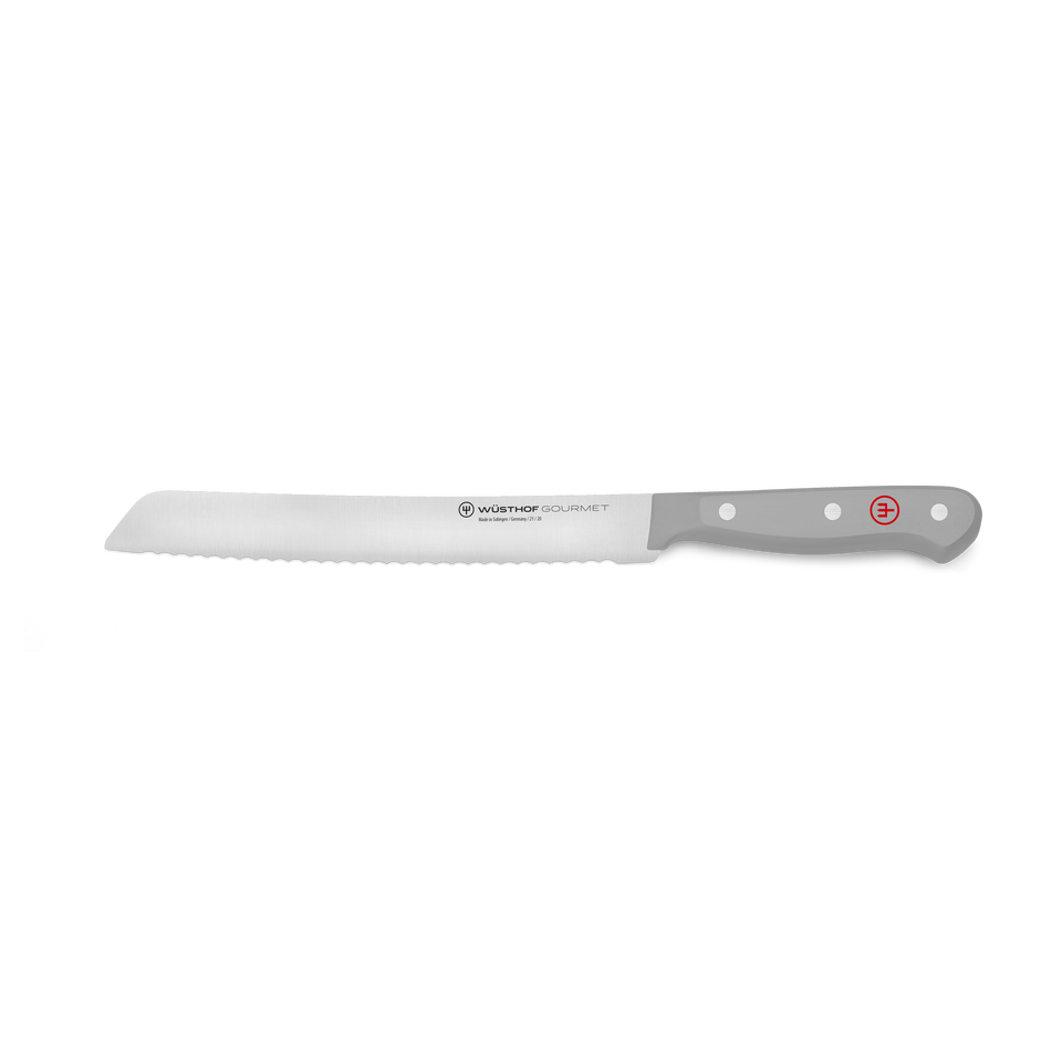 Gourmet 8" Bread Knife with a finely serrated stainless steel blade and a gray synthetic handle featuring three rivets and a red WÜSTHOF logo for clean slicing.