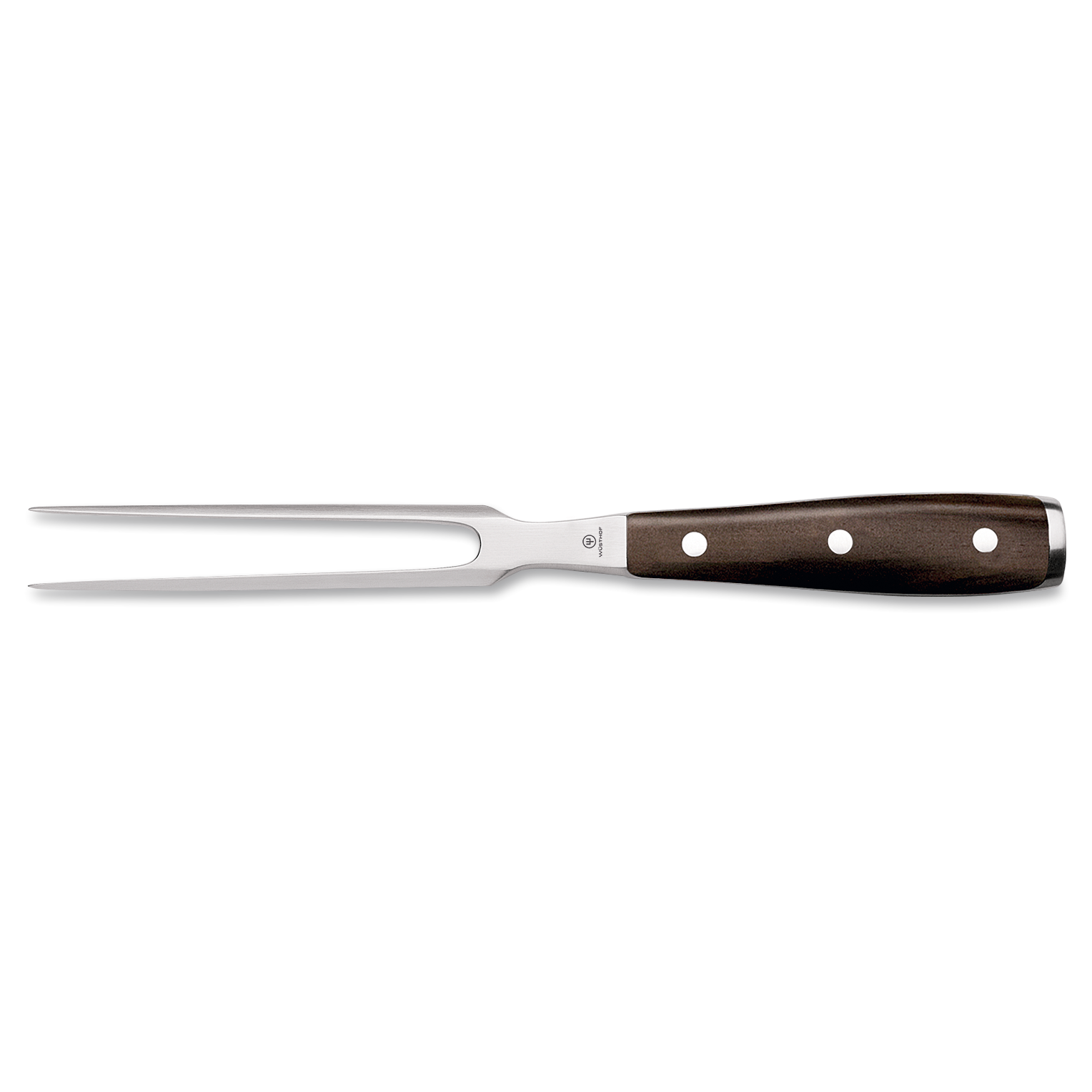 Ikon 6" Straight Meat Fork with polished stainless steel tines and a triple-riveted dark wooden handle for secure grip and precise carving.