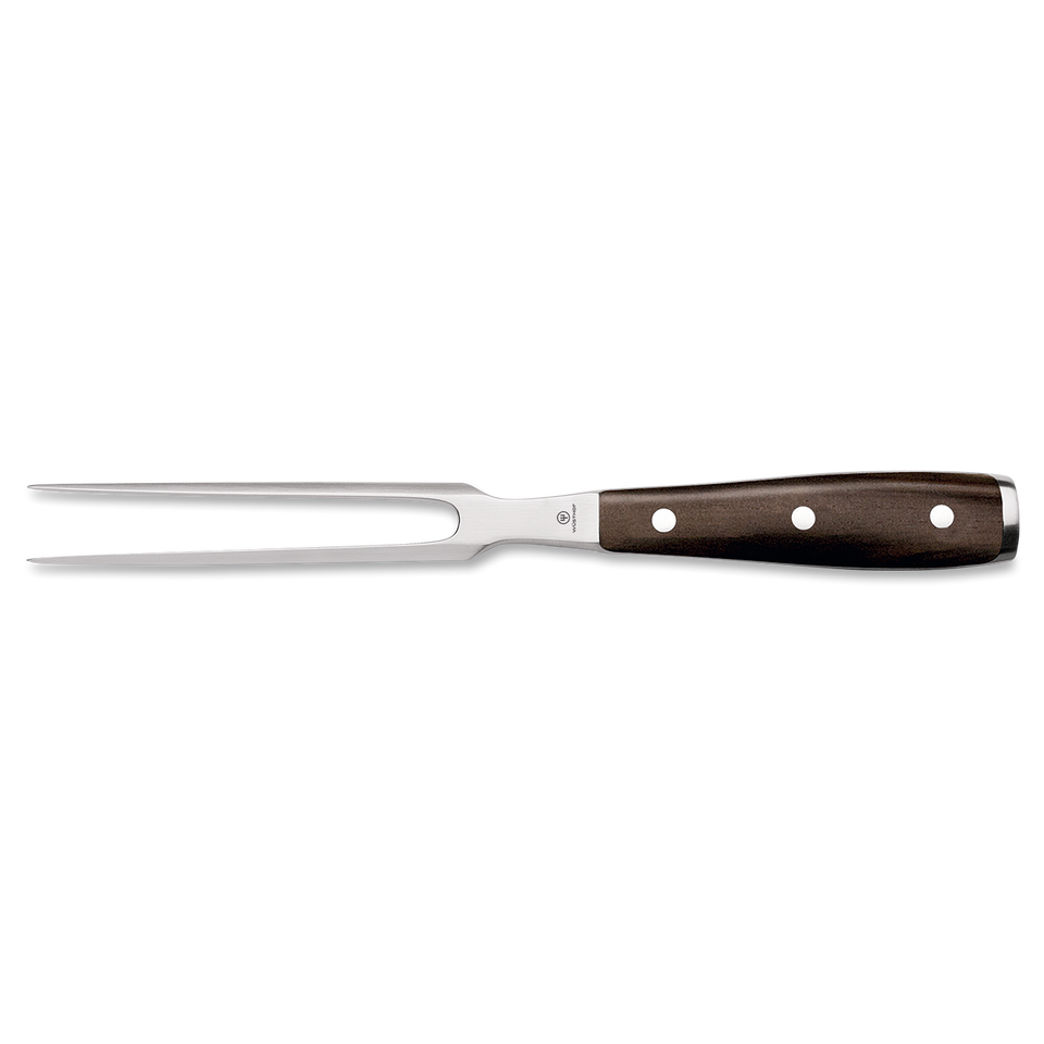 Ikon 6" Straight Meat Fork with polished stainless steel tines and a triple-riveted dark wooden handle for secure grip and precise carving.
