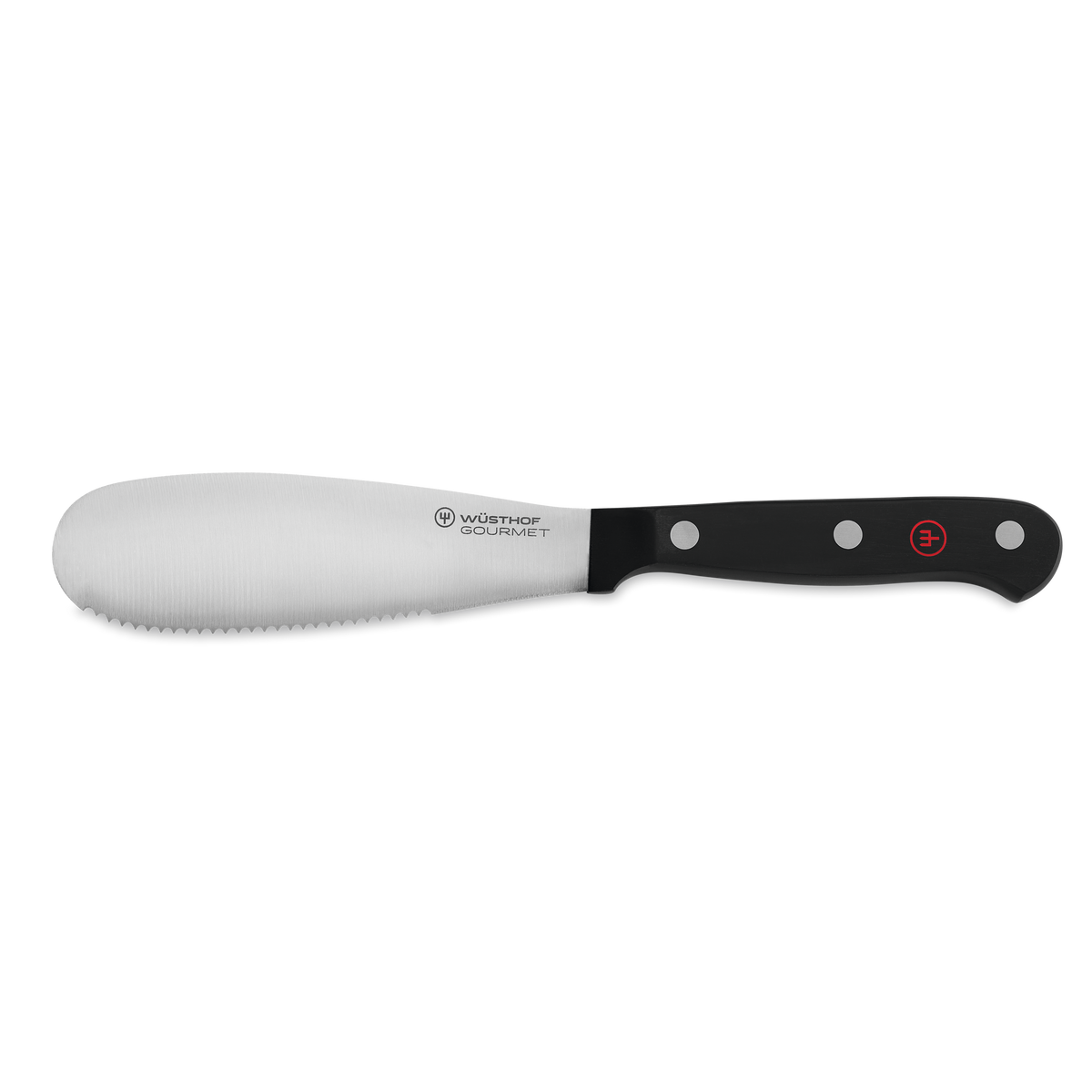 Gourmet 5" Spreader with a stainless steel blade featuring a serrated edge and a triple-riveted black ergonomic handle for comfortable spreading.