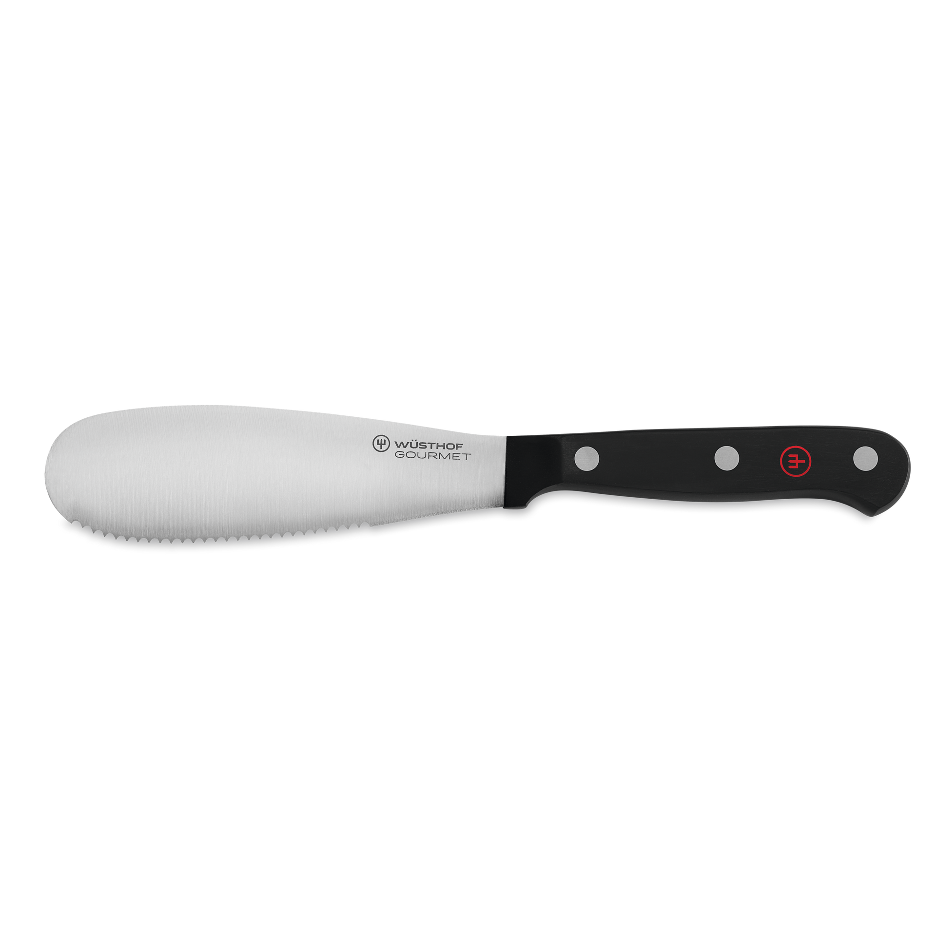 Gourmet 5" Spreader with a stainless steel blade featuring a serrated edge and a triple-riveted black ergonomic handle for comfortable spreading.