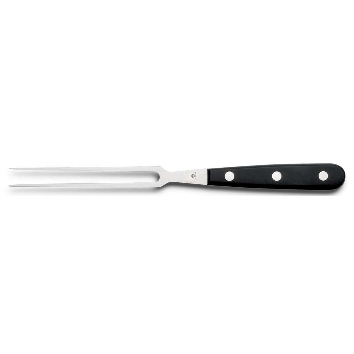 Gourmet 5" Kitchen Fork featuring a polished stainless steel two-prong design with a black ergonomic handle secured by three metal rivets for precise food handling.