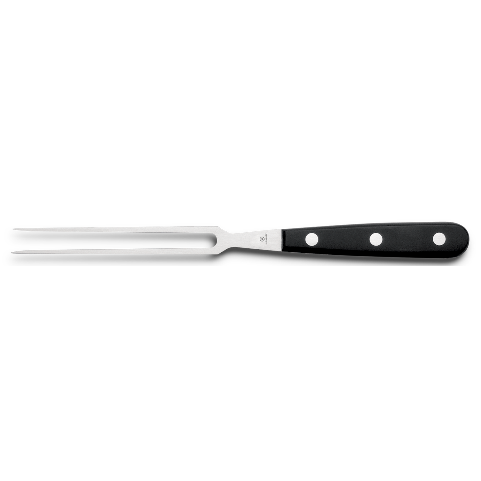 Gourmet 5" Kitchen Fork featuring a polished stainless steel two-prong design with a black ergonomic handle secured by three metal rivets for precise food handling.