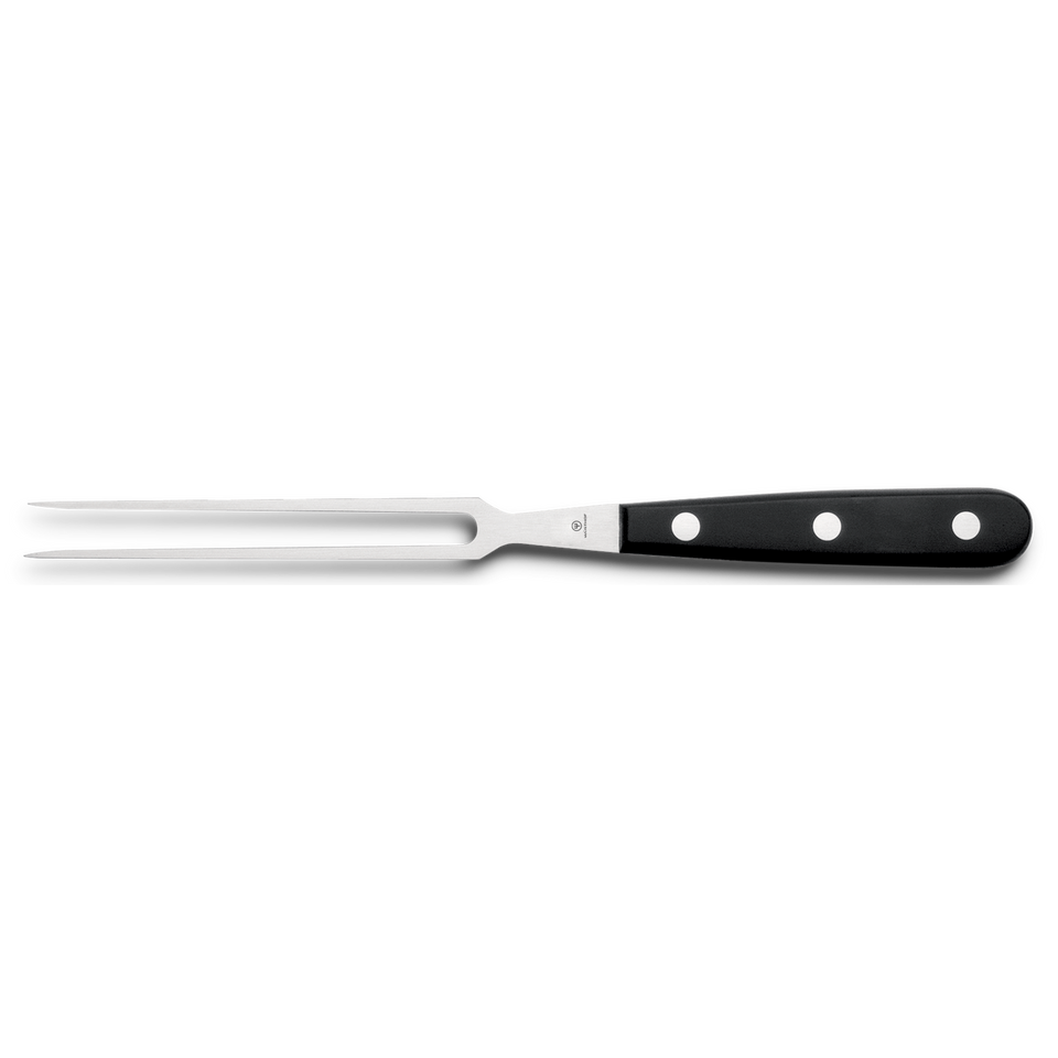 Gourmet 5" Kitchen Fork featuring a polished stainless steel two-prong design with a black ergonomic handle secured by three metal rivets for precise food handling.