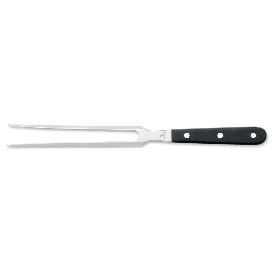 Classic 8" Straight Meat Fork with polished stainless steel tines and a black triple-riveted handle for secure grip and precise carving.