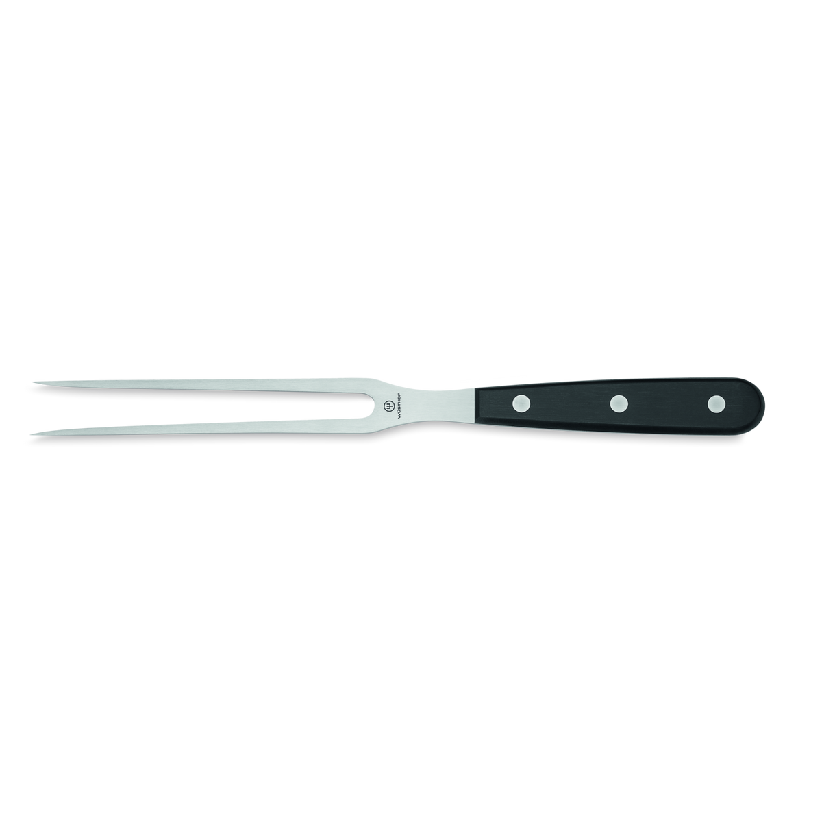 Gourmet 6" Kitchen Fork with polished stainless steel two-prong design and a black ergonomic handle secured by three polished rivets for durability and control.