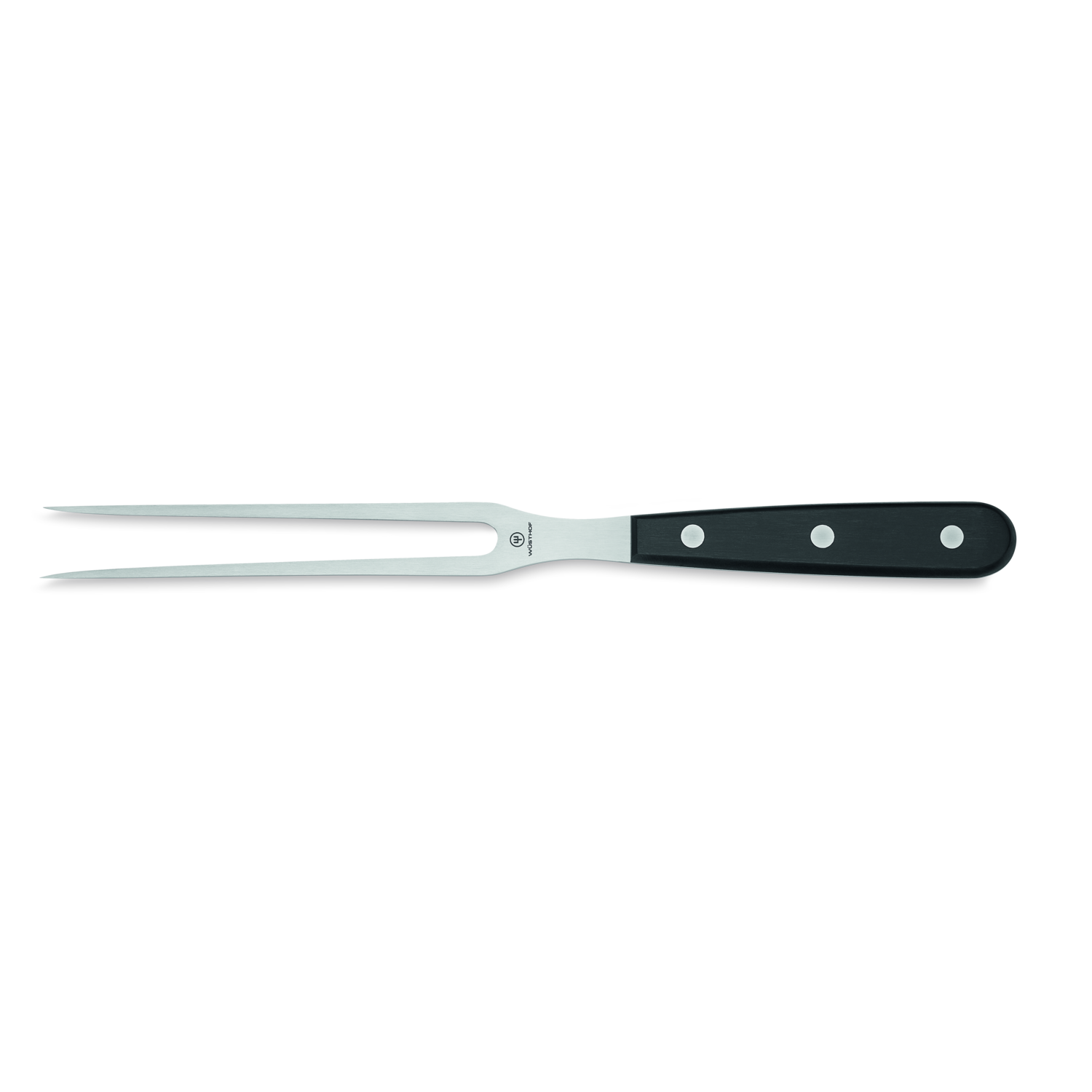 Gourmet 6" Kitchen Fork with polished stainless steel two-prong design and a black ergonomic handle secured by three polished rivets for durability and control.