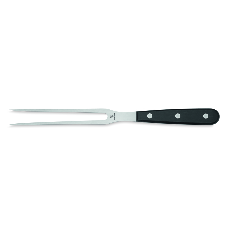 Gourmet 6" Kitchen Fork with polished stainless steel two-prong design and a black ergonomic handle secured by three polished rivets for durability and control.