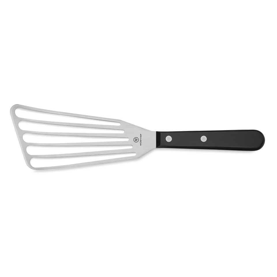 7” Slotted Fish Spatula with a stainless steel slotted head and a black riveted handle for easy flipping of delicate fish and seafood.
