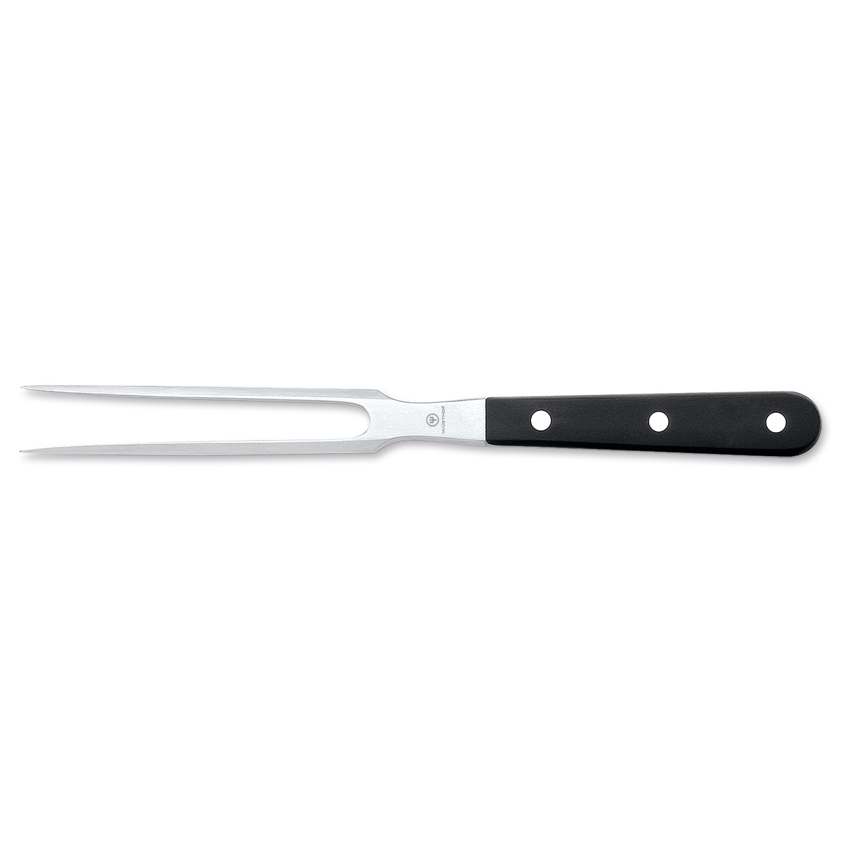 Classic 6" Straight Meat Fork with polished stainless steel tines and a durable black handle secured by three rivets for secure grip and control.