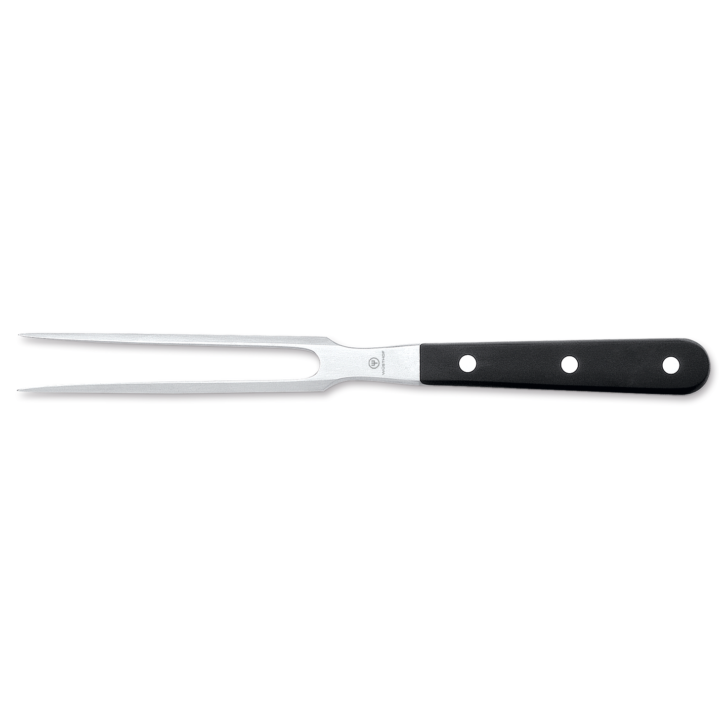 Classic 6" Straight Meat Fork with polished stainless steel tines and a durable black handle secured by three rivets for secure grip and control.