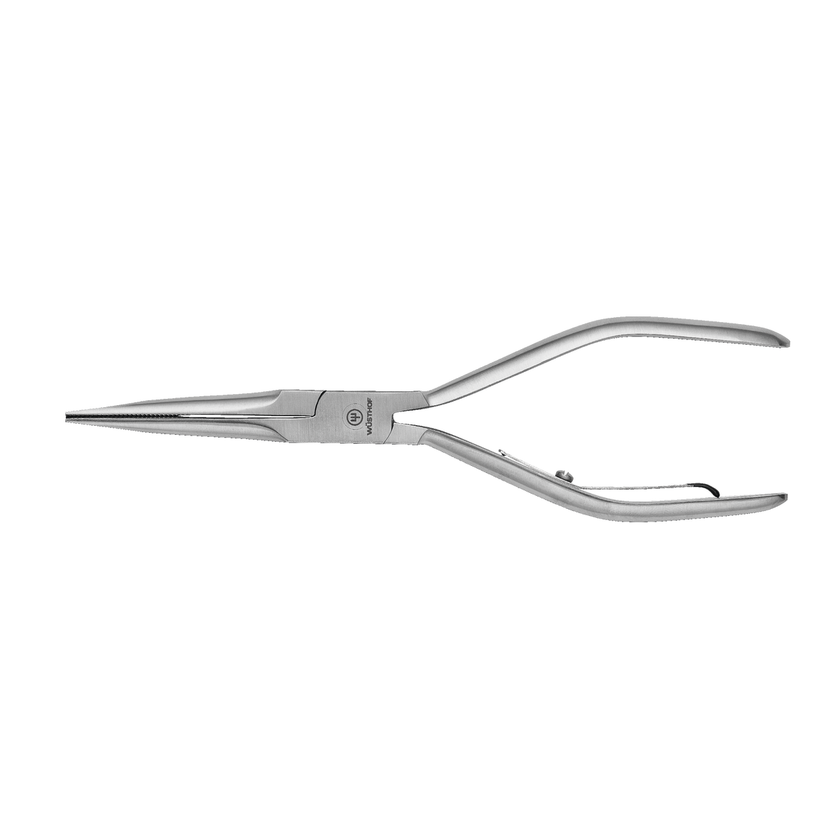 Fishbone Pliers made of polished stainless steel with elongated, narrow jaws and curved handles designed for precise grip and manipulation.