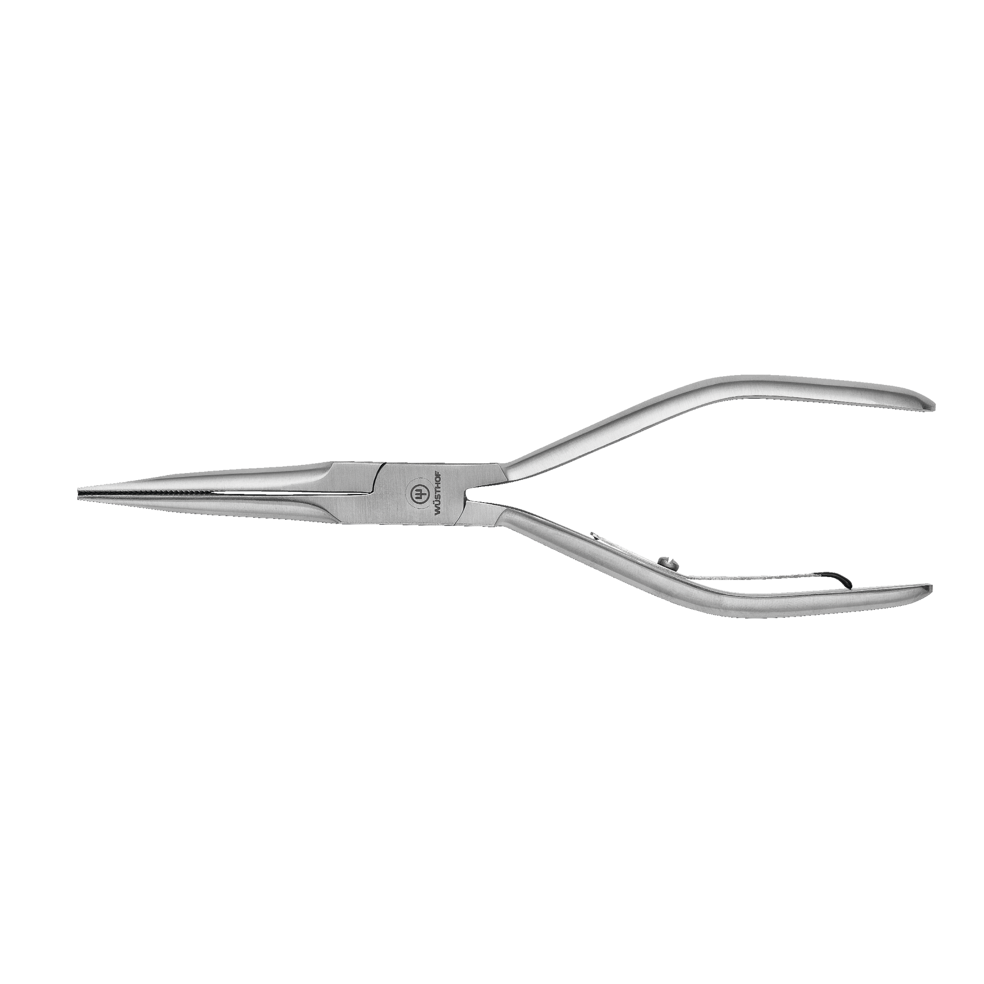 Fishbone Pliers made of polished stainless steel with elongated, narrow jaws and curved handles designed for precise grip and manipulation.