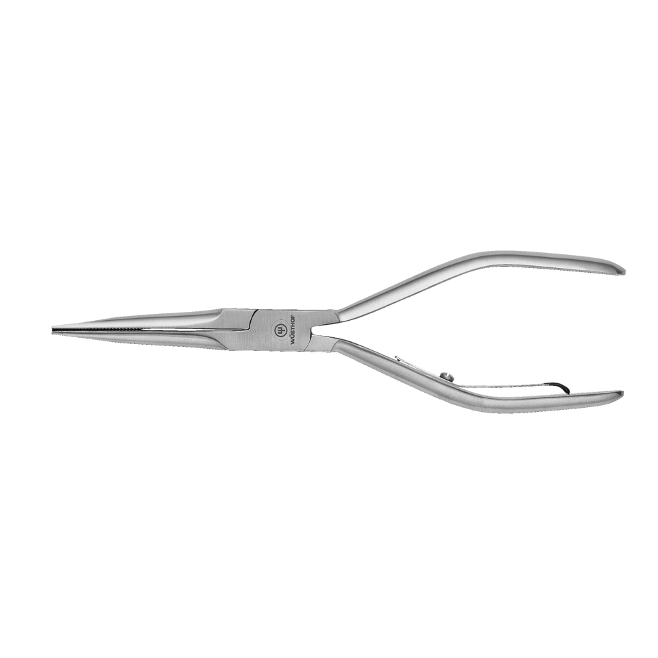 Fishbone Pliers made of polished stainless steel with elongated, narrow jaws and curved handles designed for precise grip and manipulation.
