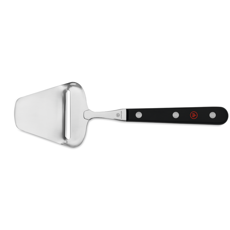 Gourmet 4 3/4" Cheese Plane featuring a stainless steel blade and a black ergonomic handle with rivet detailing for slicing firm cheeses with ease.