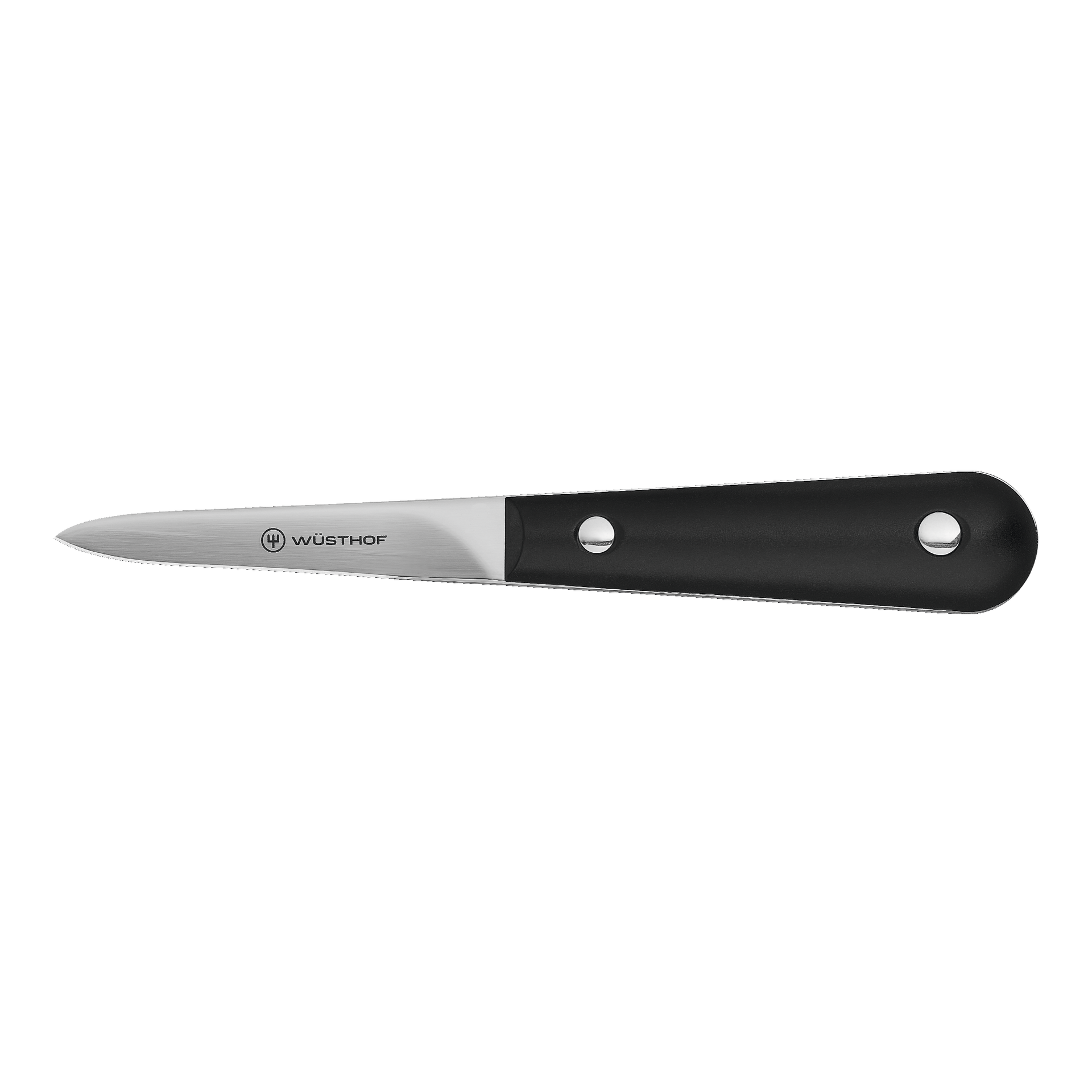French Style Oyster Opener featuring a polished stainless steel blade with sharp tip and a durable black handle secured by two rivets for safe oyster shucking.