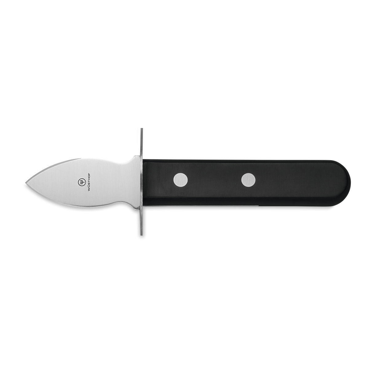 Oyster Opener featuring a short, pointed stainless steel blade with a black ergonomic handle secured by two metal rivets for secure grip and control.