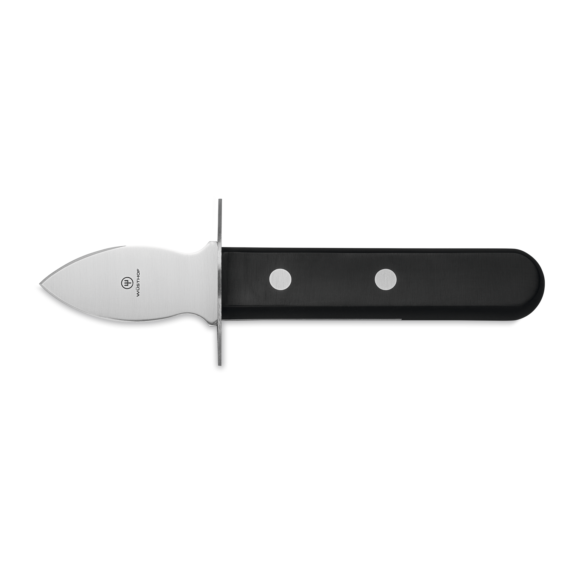 Oyster Opener featuring a short, pointed stainless steel blade with a black ergonomic handle secured by two metal rivets for secure grip and control.