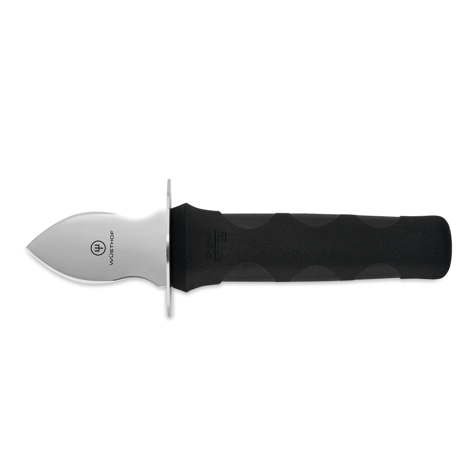 Oyster Opener with a forged stainless steel blade featuring the WÜSTHOF logo and a textured black ergonomic handle for improved grip and control.