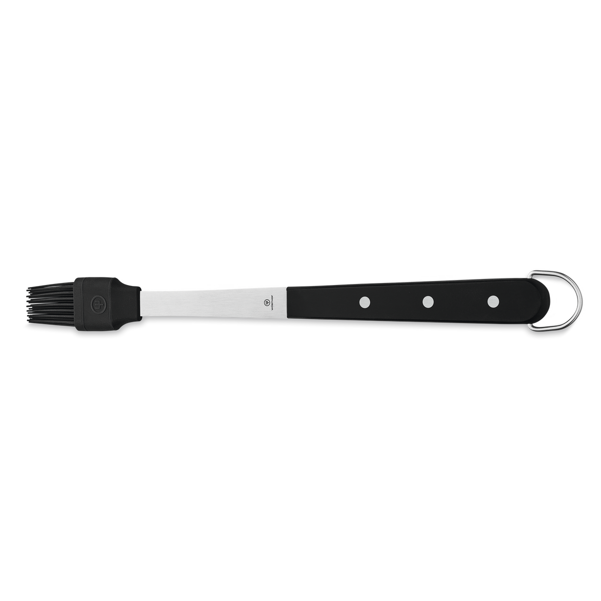 4-Piece BBQ Set silicone basting brush with black riveted handle, stainless steel shaft, and hanging loop for convenient grilling tasks.