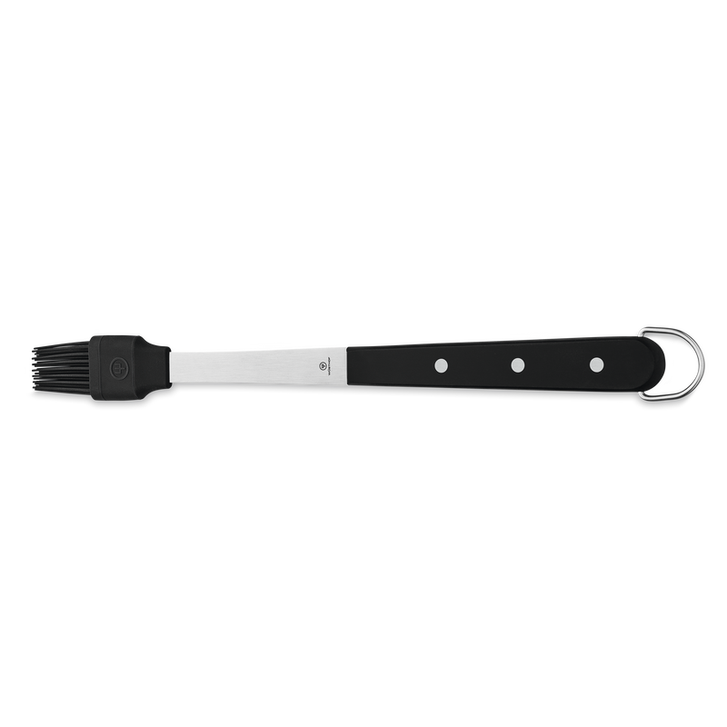 4-Piece BBQ Set silicone basting brush with black riveted handle, stainless steel shaft, and hanging loop for convenient grilling tasks.