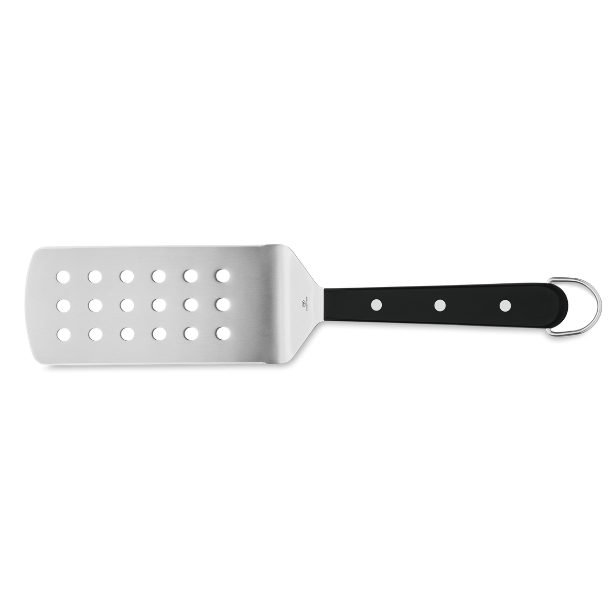4-Piece BBQ Set perforated stainless steel spatula with black riveted handle and hanging loop for easy grilling and flipping tasks.