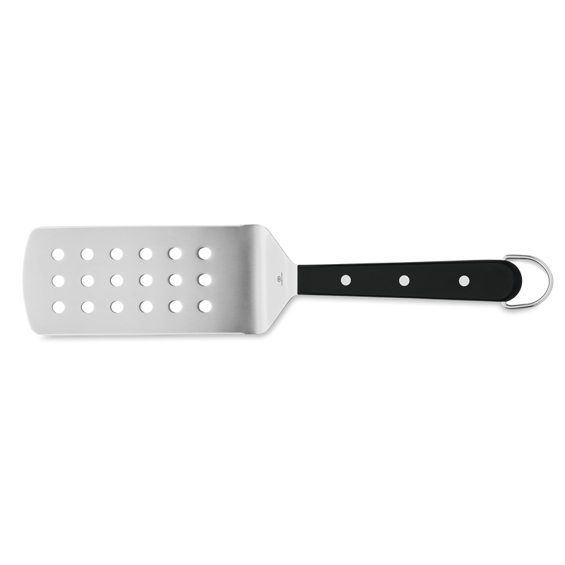 4-Piece BBQ Set perforated stainless steel spatula with black riveted handle and hanging loop for easy grilling and flipping tasks.