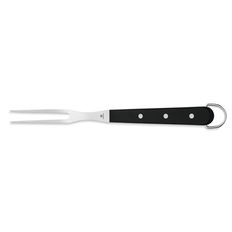 4-Piece BBQ Set stainless steel two-pronged fork with black riveted handle and hanging loop designed for secure gripping and grilling tasks.