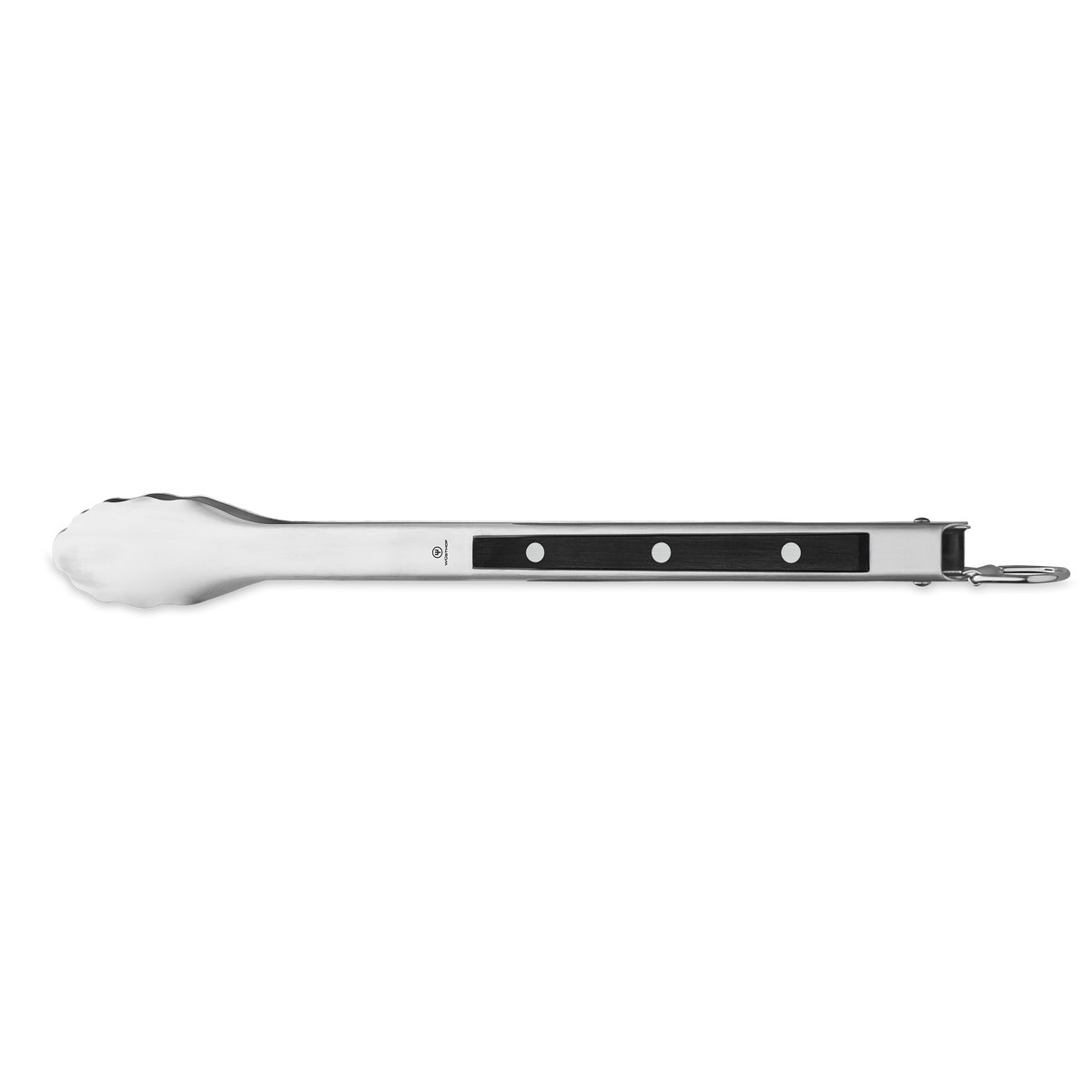 4-Piece BBQ Set stainless steel locking tongs with black riveted handle and hanging loop designed for secure grilling and handling tasks.